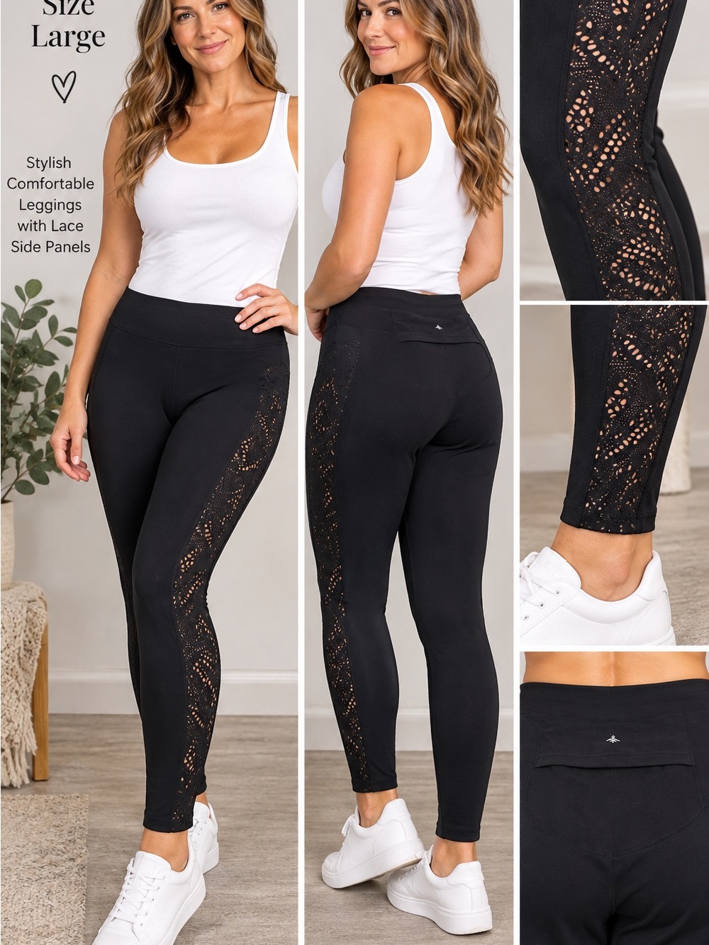 Halara size L Women's Black Lace Side Panel Leggings
